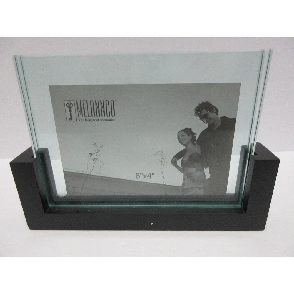 Melannco Floating Glass 6x4 Picture Frame W/Dark Walnut Wood Base W/Box
